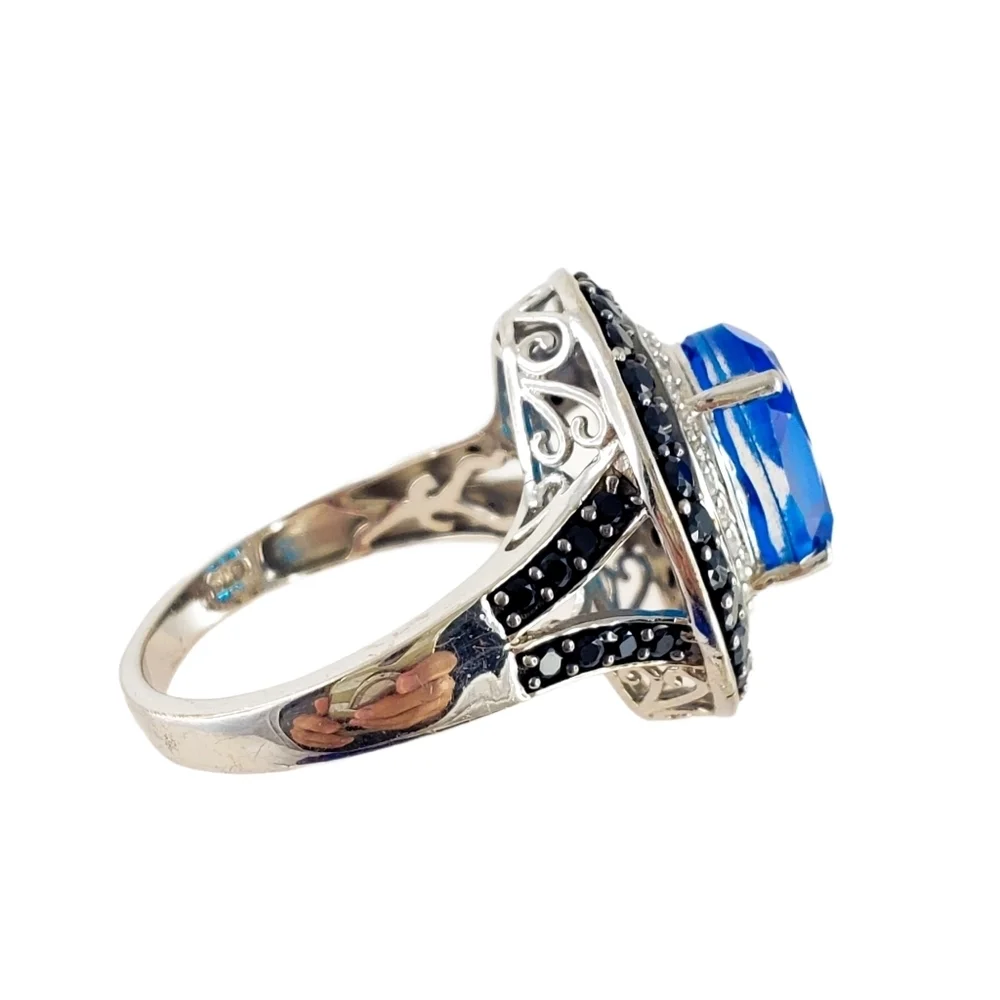 Swiss Blue Topaz Statement Ring black spinel sterling silver ring size 10